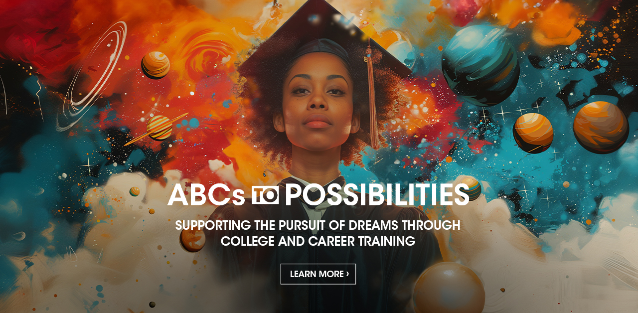 Young woman with graduation cap and gown artfully mingled with retro planetary space background. Jackpot for large screens.