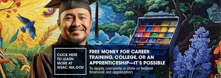 College Graduate in cap and gown over top of a colorful painting of flowers and birds Jackpot for mobile screens.